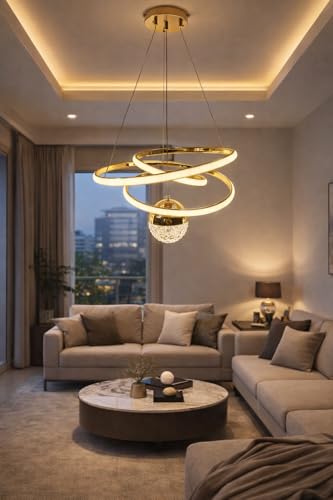 Image of Premium Infinity Loop LED Stylish Gold Finish with 3 Different Color Mode (Warm White, Cool White, Neutral White) Chandelier with Height Adjustable Hanging
