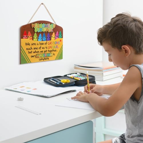Image of HPNIUB Colorful Crayon Welcome Door Sign Decor(11.4 inchX9.5 inch) Inspirational Quote Welcome To Our Pack Wall Art, Multicolor Cartoon Back To School Positive Wooden Plaque for Classroom Nursery