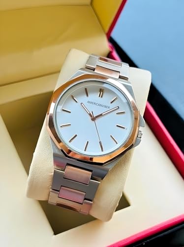 Image of AMERICANVIBER Modern Analog Watch, Silver and Black Two-Tone Stainless Steel Band, Octagonal Case, White Dial for Men