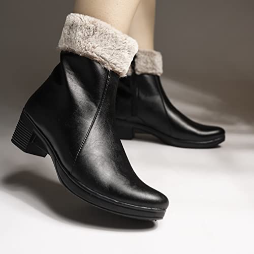 Image of Shoetopia Women's Ankle Boots with Faux Fur Lining | Stylish Winter Block Heel Zip Closure Boots for Casual & Party Footwear