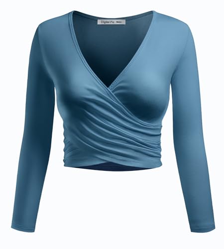 Women's Short Long Sleeve Deep V Neck Cross Wrap Crop Surplice Top