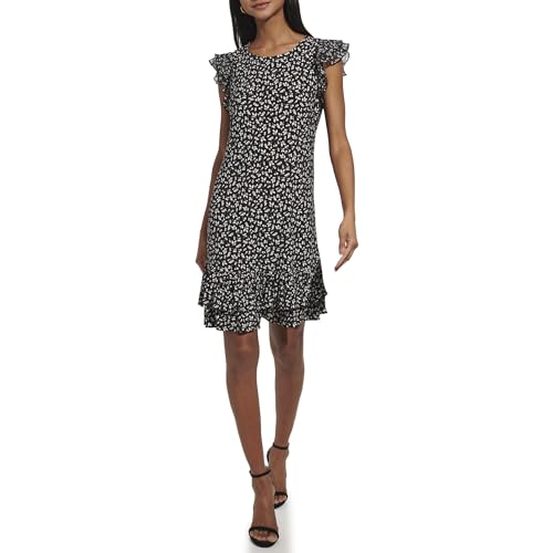 Image of Tommy Hilfiger Women's Sleeveless Crew Neck Double Ruffle Hem Jersey Shift Mini Dress