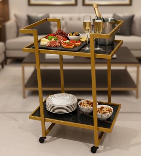 Image of Elegant Golden Iron Bar Cart Trolley with Wheels Serving Trolley for Home Kitchen Dining Hotel Restaurant Modern Furniture