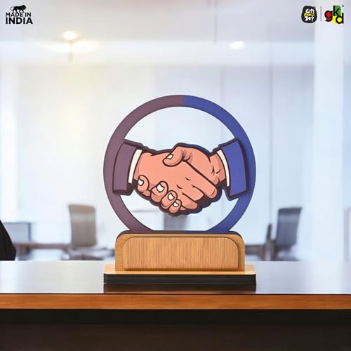 Image of GKD Wooden Handshake Memento Trophy | DIY Customizable Partnership Award for Corporate Gifts, Dealer Meets & Business Achievements | Office Desk Decor | Add Your Own Sticker or Text (Handshake)