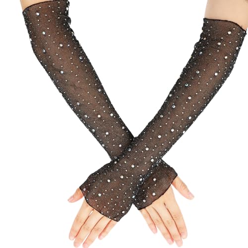 Black Mesh Gloves 17.7 In Long Black Gloves Women Formal Rhinestone Tulle Sheer Glove for Women Bridal Wedding Opera Evening Party Dance Prom Glove
