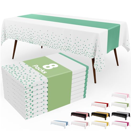 Image of Smiry Plastic Table Cloth Disposable 8 Pack, 54 x 108 Inch Rectangle Waterproof Tablecloth, Printed Gold Table Runner Style for Birthday Weeding, Party Decorations, Leakproof & Sturdy, White and Teal
