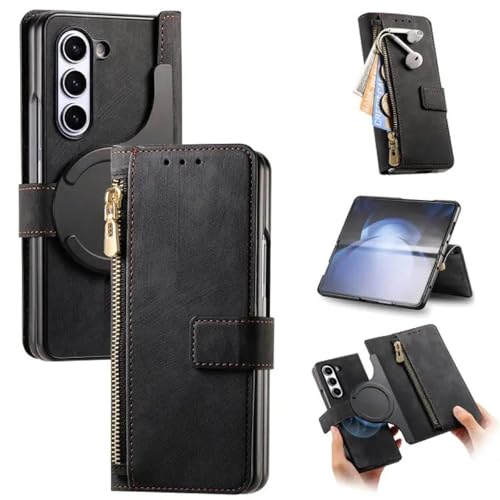 Étui pour Samsung Z Fold 6 avec porte-cartes en cuir noir et chargeur sans fil induction