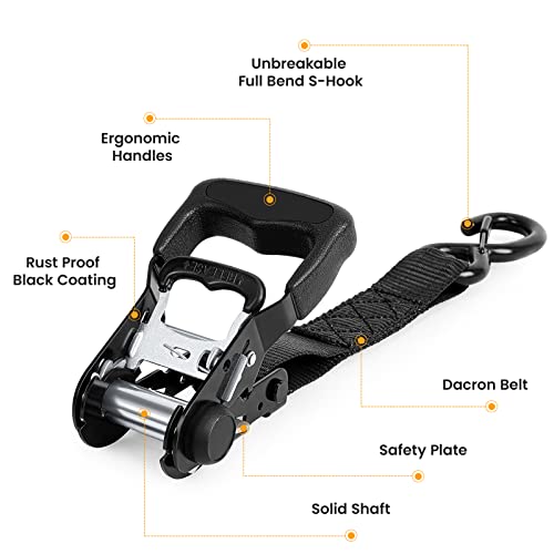 Orcish Retractable Ratchet Straps Kit (4Pk) - Total 1.5" X 9 Ft Length 4850Lb Max Break Strength, Heavy Duty Tie Down Straps With Padded Handles & Coated S-Hooks And Soft Loops For Motorcycle, Truck #TOP2