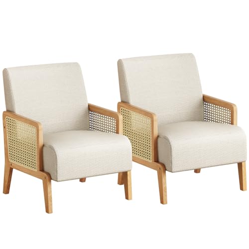 Vinahomar Modern Rattan Accent Chair Set of 2, Linen Fabric Arm Chair with Ash Wood...