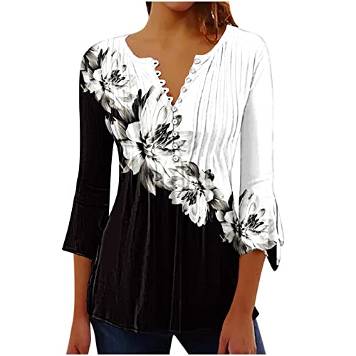 Camiseta Manga Corta Mujer Verano 2023 Moda Impresión Camisa 3/4 Manga Blusa Cuello en V Botones Plisada Camiseta Elegant Suelto Tops Casual Fiesta Cómodo T-Shirt Original tee Playa