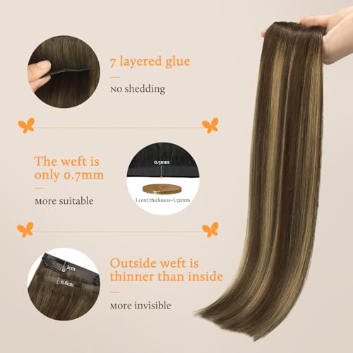 Image of DOORES Seamless Clip in Hair Extensions Real Human Hair, Chocolate Brown to Caramel Blonde 18 Inch 110g 7pcs, Extensions Skin Weft Remy Straight Invisi Edge Weft