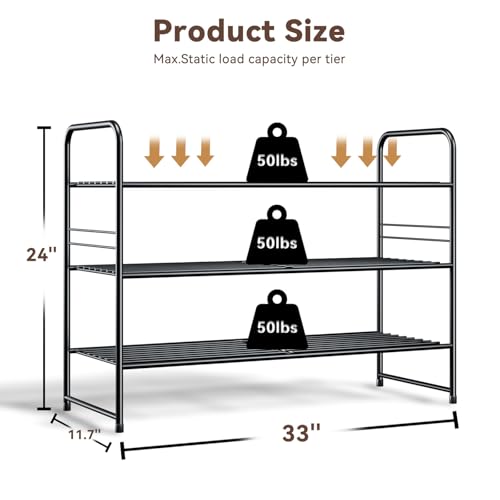 Image of Standard Shoe Rack 3-Tier 32.5 Inches Wide, Free Standing Shoe Organizer for Indoor Outdoor | Adjustable Heavy-Duty Metal Shelf Ideal for Home Entryway Closet & Garage Balcony | Black