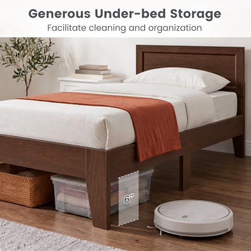 Image of GIANTEX Twin Size Wooden Bed Frame with Headboard, Wood Slat Support