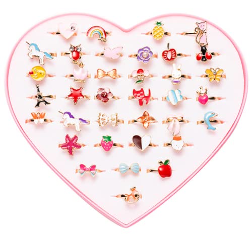 36 pcs Little Girl Adjustable Rings Gift Box, No Duplication, Children Kids Jewelry Rings Set with Heart Shape Display Case, Girl Pretend Play and Dress up Rings for Kids