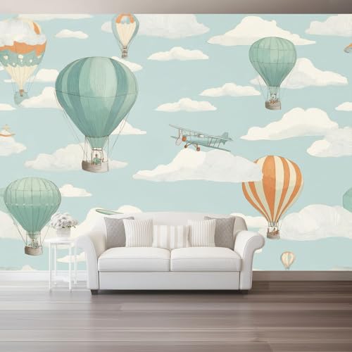 Papel Pintado Pared 150 x 105 cm - Dibujos Animados Globo Aerostático Avión Papel pintado Gris Azulado Mural de Arte Decoración para Comedores Salones Habitaciones Sala Cuarto Oficina Salón