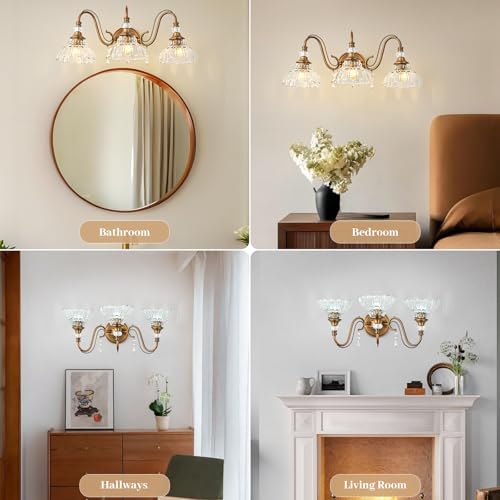 Image of Vintage Bathroom Vanity Light, 3-Light Matte Antique Brass Finish Wall Sconce with Hanging Crystal Accents and Flower-Shaped Clear Glass Shades, Retro Wall Mount Vanity Light Over Mirror for Bathroom
