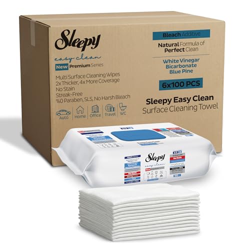 Image of Sleepy Easy Clean XL Heavy Duty Cleaning Wipes (600 Count) - Chlorine-Free Bleach & Vinegar Formula - Large 8 inchx8 inch Multi Surface Scrubbing Wipes for Bathroom, Grout, Tile, Glass, Carpet Spots & Stain