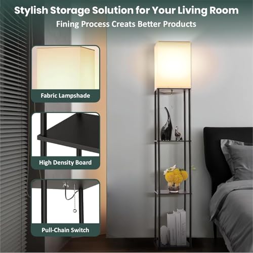 Image of 4 Tier Metal Floor Lamp with Wooden Shelves /Standing lamp with 3 Adjustable Color Mode /Corner Bright Lamp for Decoration /Energy Efficient Night Lamp for Bedroom /Living Room /Home Decor (Black)