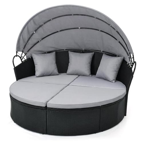 LIFEZEAL Transat Jardin Extérieur Double, Bain de Soleil Rond avec Toit, Canapé-lit avec Coussin et 3 Oreillers, Charge 360kg, pour Piscine, Terrasse,...