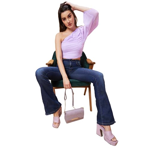 Image of Globus Women Lavender Solid One Shoulder Pleated Party Crop Top-3638307003