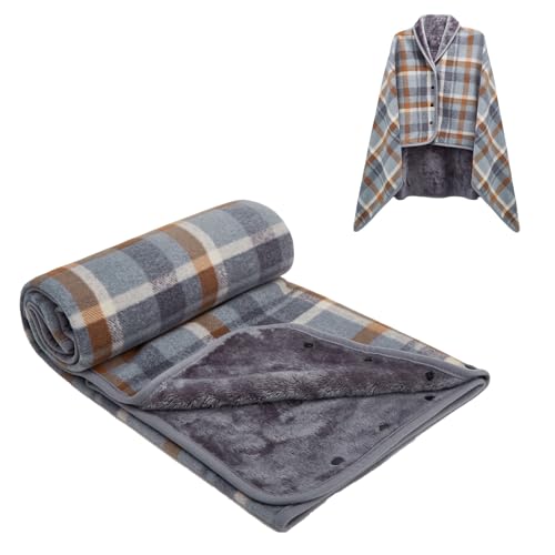 SIVENKE Poncho de Forro Polar para Mujer, Manta Portátil a Cuadros, Bufandas y Envoltorios con Botones para Cama, Sofá, Oficina