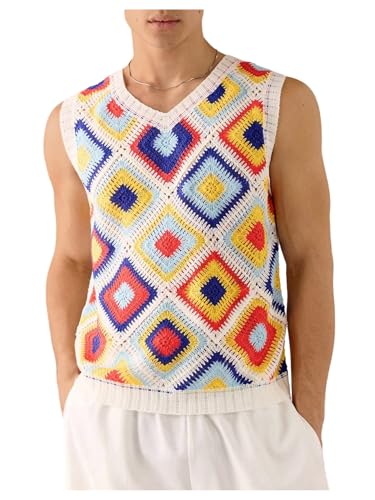 Men's Striped Crochet Sweater Vest Hollow Out V Neck Sleeveless Knit Top Summer Vintage Beach Vacation Tops