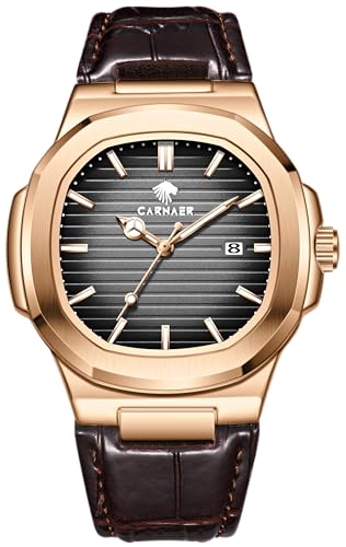 CARNAER Men Octagonal Rose Gold Luxury Watch for Boy Black Striped Dial, Date Display, Luminous Markers, 30M Waterproof, Leather Strap, Quartz Movement (Black)