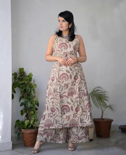 Image of GoSriKi Kurta Set for Women Viscose Printed | Kurti Set for Woman | Kurta Palazzo 2 Piece Outfit | Band Collar Sleeveless Regular Fit Ethnic Dress Stylish Clothing