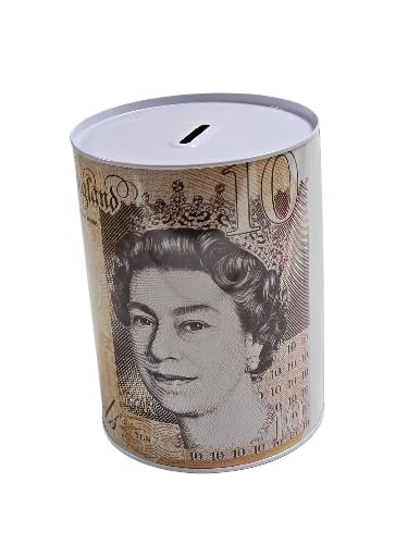 £10 Money Boxes - Bank Note Money Tin Piggy Bank, Savings Tin for Kids, Compact Cash Tin with Note & Coin Slot Opening, Multicolour Coin Bank, Ideal Money Saving Jar for Adults & Juniors (LARGE)