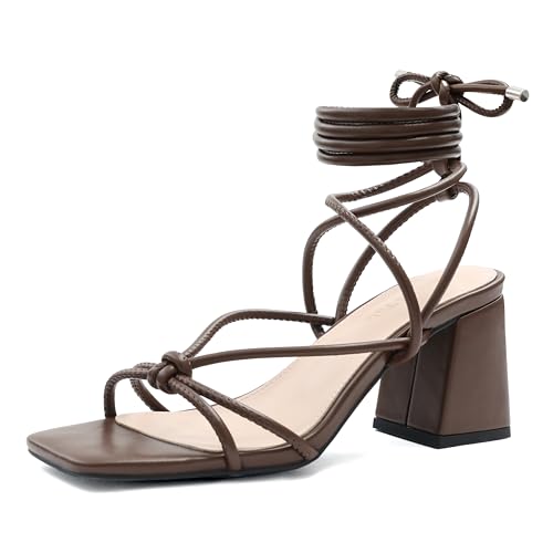 Image of Shoe'N Tale Lace Up Heels for Women Ankle Strappy Gladiator High Heeled Sandals Chunky Block Heel Square Open Toe Criss Cross Dress Shoes