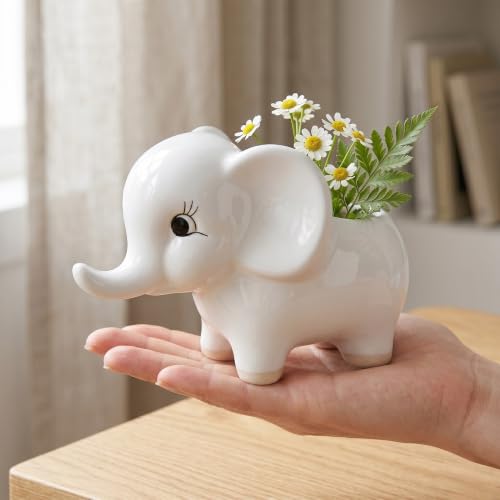 Image of Ceramic Elephant Succulent Planter Pots - Set of 2, White Decorative Flower Vases for Indoor Home Decor, Office Desk, Living Room & Gifting - Cute Animal Shape Pots for Small Plants