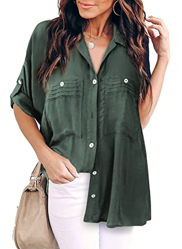 Astylish Ladies Roll Up Sleeve Shirt Solid Color Loose Button Down Blouse Tunic Top Green Xx-Large #TOP2