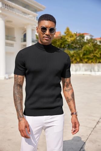 Image of DENIMHOLIC Mens Cotton High Neck T Shirt for Men Half Sleeve Turtleneck Tshirt Cotton Highneck Turtle Neck for Men Mock Neck for Man