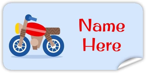Personalized Name Labels - Cute Customized Designs for Both Babies and Kids - Great for School and Daycare - Easy-to-Apply Stickers Have a Matte Finish – Waterproof - 42 ct. (Motorbike)