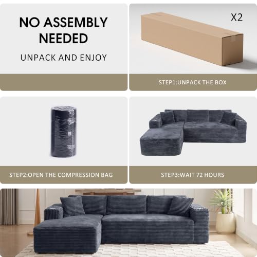 Image of Cloud Sectional Boneless Couches for Living Room,Modular Sectional Sofa with 2 Cup Holders,Memory Foam Cloud Couch with L Shaped Oversized Chaise,No Assembly Needed Plush Corduroy Sofa,Dark Gray
