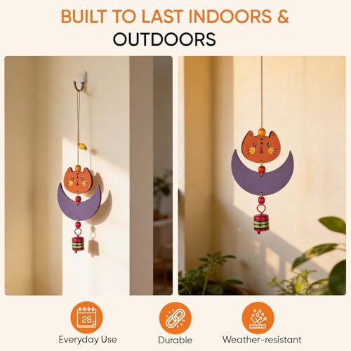 Image of Aakriti Art Creations Cute Kitty Wind Chime Multicolor | Handmade Wooden & Metal Windchimes for Home | Decorative Wind Chimes for Balcony, Garden, Living Room | Feng Shui Wind Chime Decor