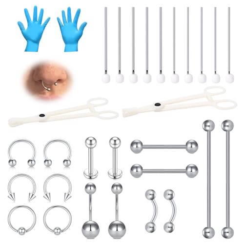WillTen 30Pcs Piercing Kits for All Piercings Disposable 12G 13G 14G 15G Piercing Tool Clamps Taper for Septum Belly Button Lip Tongue Cartilage Ear Tragus Helix Piercing at Home Piercing Kit