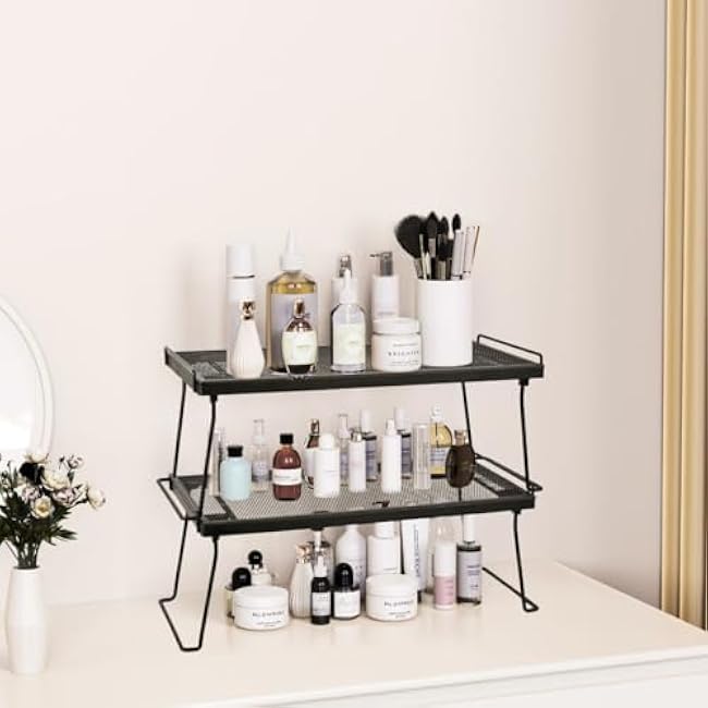 IBERG Cabinet Shelf - Set of 2 Mesh Shelf Organizers - Tool-Free Stackable Storage Rack for Kitchen, Pantry, and Bathroom (Black)