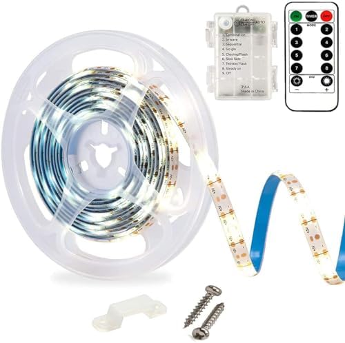 LED Strip Lights Battery Operated, 9.8ft 90 LED Rope Lights with Remote Control Timer Dimmable, Waterproof Flexible Lights Strip for Indoor Outdoor TV Table Bedroom Boat Kitchen Christmas (White)