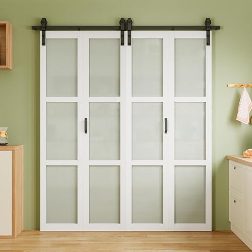 Puerta plegable de granero corrediza bi-fold de 64" x 84" de vidrio esmerilado con herrajes | Puerta de clóset blanca resistente al agua con riel de 72", panel sólido ensamblado para reducción efectiva de sonido miniatura 2
