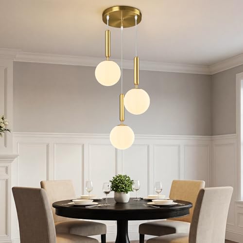 Image of Modern Gold Pendant Light Hanging Fixture Light for Kitchen Island Mid Century with Globe Pendant Light Milk White Glass Pendant Lighting for Living Room Bedroom Entryway (3 Lights)