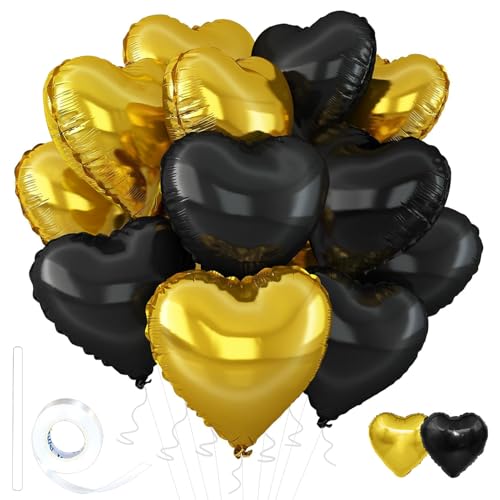 Image of Gold-Black Heart Balloons,18inch Gold Heart Shaped Foil Balloons & Black Foil Balloon for Anniversary Wedding Birthday Party Baby Shower Valentines Day Decorations(12Pcs)