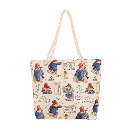 Signare Large Tote Bag for Women with Strong Cotton Rope Handles Paddington Beige Tapestry Beach Bag Roomy Lightweight Travel Essentials Picnic Bags with Zip Closure & Inner Zip (BEACH-PADD)