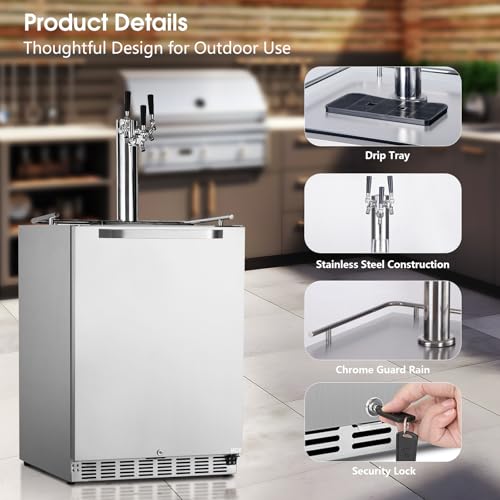 HCK Kegerator, 24 Inch Outdoor Kegerator for Patio with 3 Taps, Full Size Beer Dispenser and Beverage Refrigerator with Auto Defrost & Reversible Stainless Steel Door, Ideal for Home Bars - Image 7