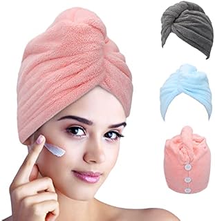 FREATECH 3-Pack Microfiber Hair Towel Wrap - Super Soft and Absorbent, Fast Drying Hair without Frizz, Less Blow Drying, Microfibre Hair Turban with 3 Buttons for Women, Kids, Long Curly Thick Hair