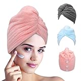 FREATECH 3 Stück Mikrofaser Haarturban - Schnelltrocknendes Handtuch für Nasses Haar ohne Frizz, Superweiches und Saugfähiges Haarhandtuch mit 3 Knöpfen für Damen, Kinder, Langes Lockiges Haar