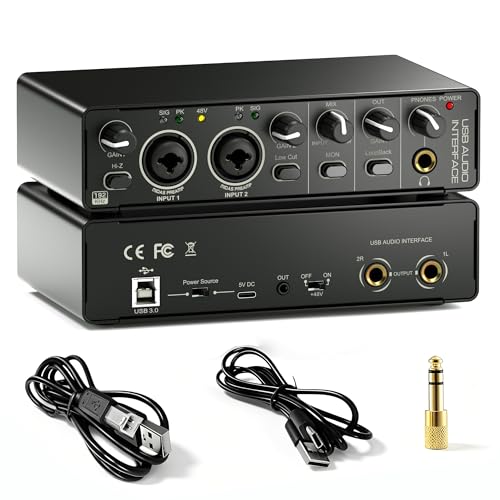 2X2 USB Audio Interface for PC Mac Laptop, 24Bit 192kHz for Computer Recording, Guitar, Streaming...