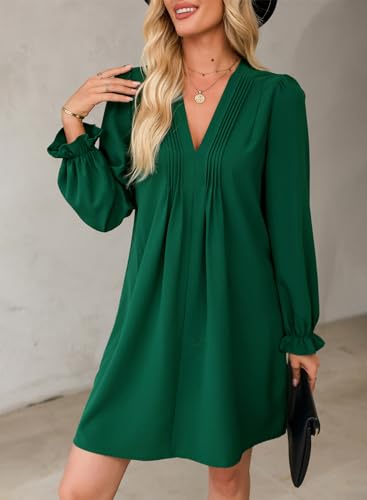 Image of Dokotoo Womens Casual Dress A-Line Ruffle Sleeve V Neck Midi Dress 2025 Fashion Pleated Flowy Sundress Loose Shirt Dresses