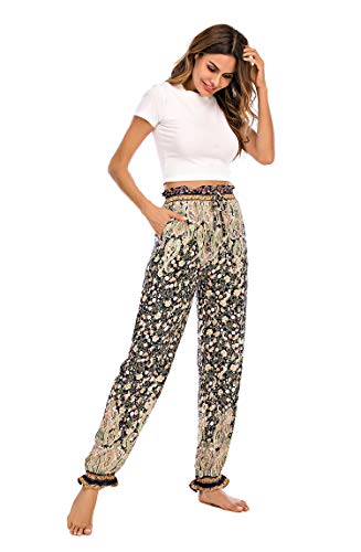 Calça feminina Love Welove com estampa de verão para ioga e harém com babados elásticos e cintura al