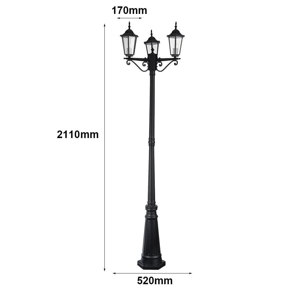 Mengjay Zewnętrzna lampa podłogowa Retro 3 latarnie czarna, E27 kolumna